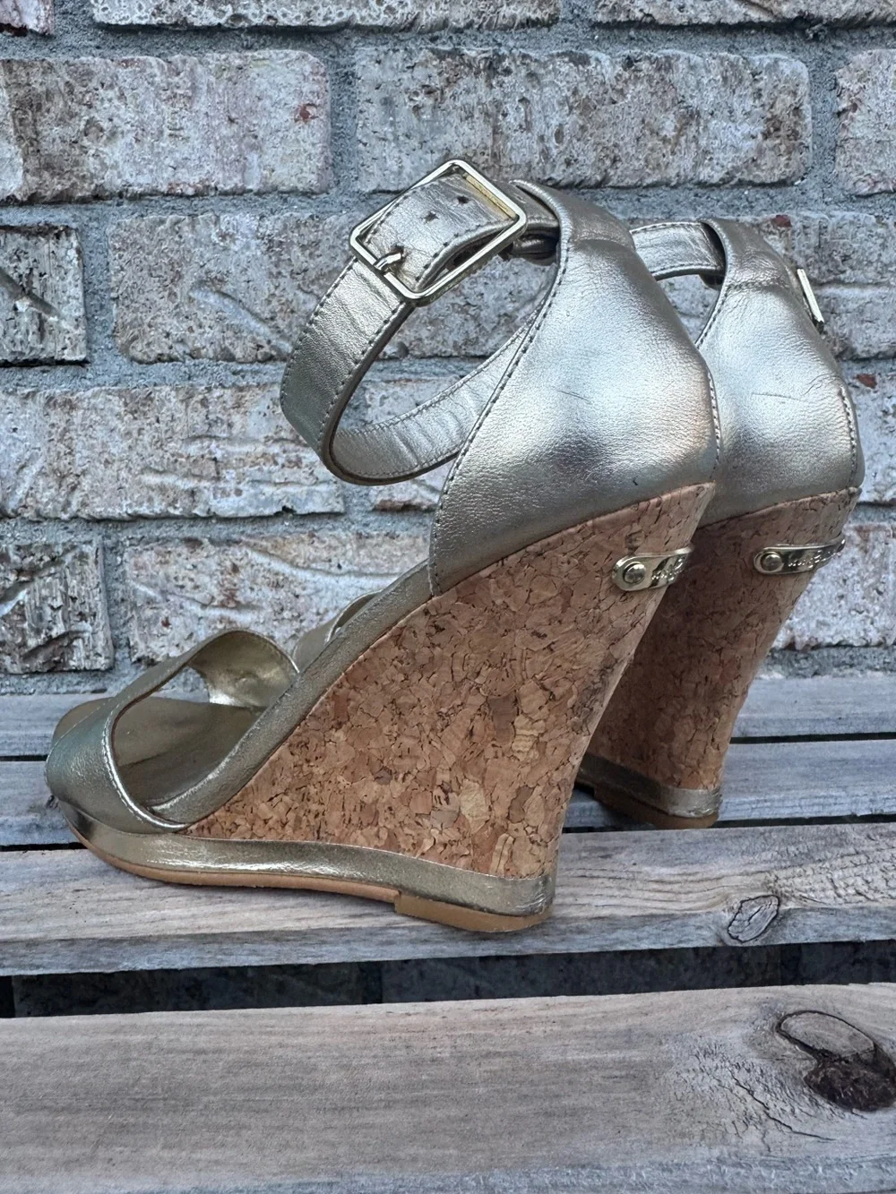 Lilly Pulitzer Metallic Gold Cork Wedge Sandals with Ankle Strap